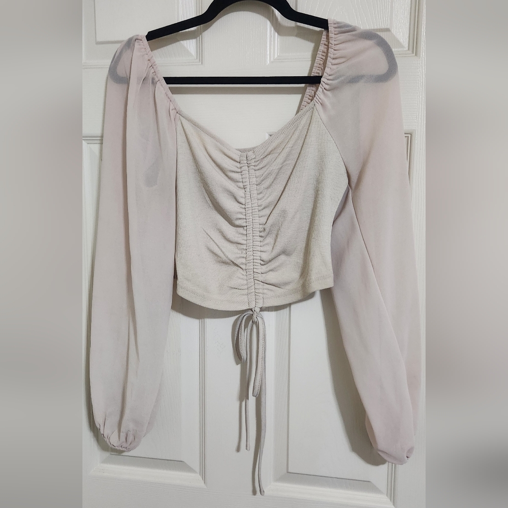 SHEIN Cream Ruched Blouse with Sheer Sleeves